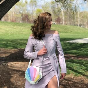 Purple off the shoulder sparkly maxi dress with slit